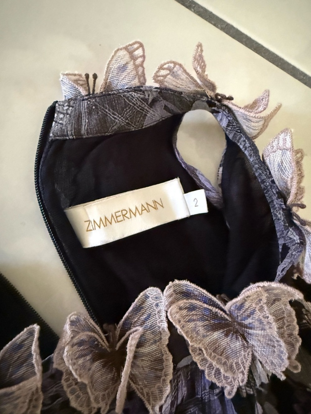 ZIMMERMANN Botanica Black Lavender Tea Silk Top with Butterfly Appliqués $425 - Picture 10 of 16